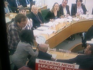 Man Throws Pie at Rupert Murdoch at Parliament; Wife Wendy Attacks!